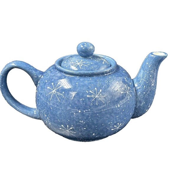 Folk Art Ceramic Blue and White Snowman Teapot with Snowflakes and Lid - Picture 3 of 7